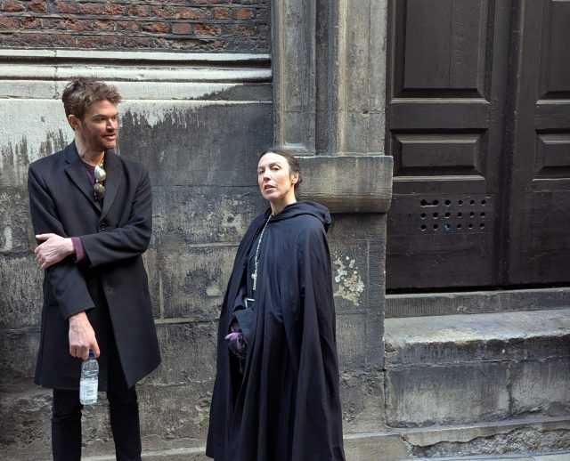 Dr Matthew Green (left), and performer on the Medieval Wine Tour of London.